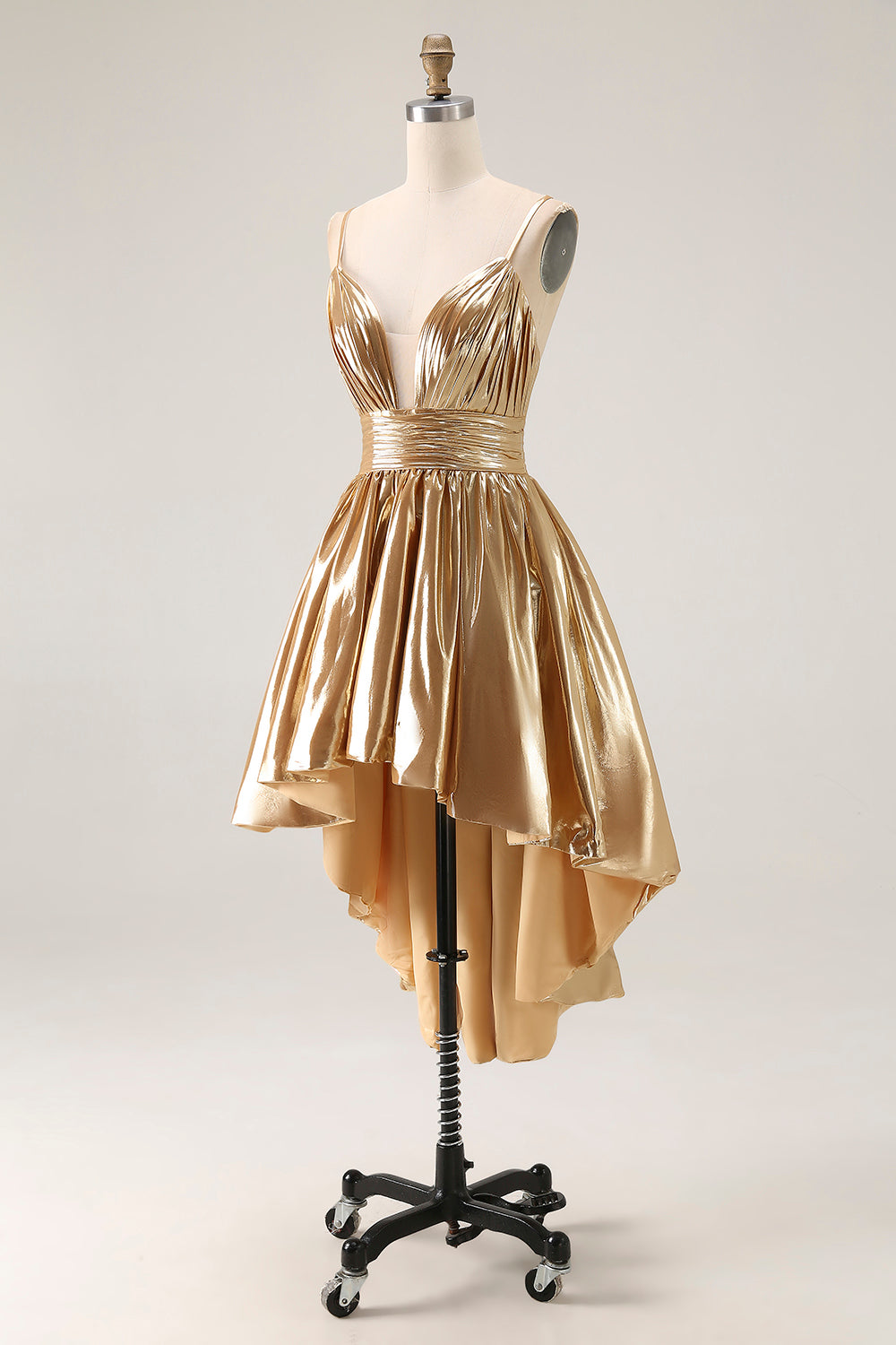 Sparkly Gold A Line Ruched High-Low Metallic Homecoming Dress