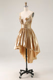 Sparkly Gold A Line Ruched High-Low Metallic Homecoming Dress