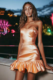 Light Orange Bodycon Strapless Short Cocktail Dress with Ruffles