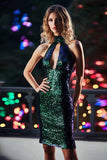 Sparkly Dark Green Bodycon Sequin Short Cocktail Dress with Keyhole