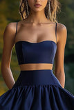 Navy 2 Piece Tiered A Line Short Cocktail Dress with Ruffles