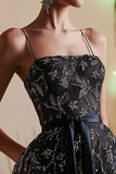 Black Lace Spaghetti Straps Short Homecoming Dress with Sash