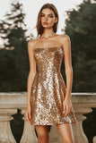 Sparkly Gold Strapless A Line Short Sequin Cocktail Dress