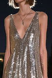 Sparkly Silver Grey Sequin Deep V-Neck High-Low Cocktail Dress