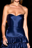 Navy Satin Strapless Corset Short Homecoming Dress with Ruffles