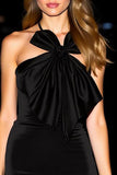 Black Halter Bodycon Short Satin Cocktail Dress with Bow