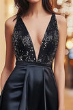 Sparkly Black Sequin Deep V-Neck Asymmetrical Cocktail Dress