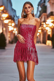 Sparkly Fuchsia Strapless Sequin Short Homecoming Dress with Fringes