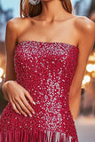 Sparkly Fuchsia Strapless Sequin Short Homecoming Dress with Fringes