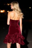 Sparkly Burgundy Velvet Ruffled Short Homecoming Dress with Rhinestones