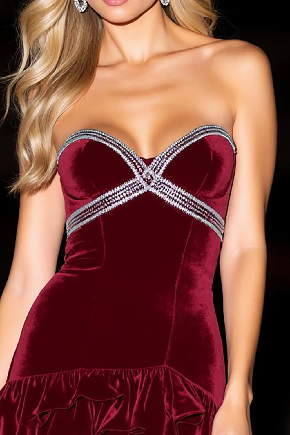 Sparkly Burgundy Velvet Ruffled Short Homecoming Dress with Rhinestones