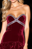 Sparkly Burgundy Velvet Ruffled Short Homecoming Dress with Rhinestones