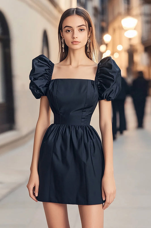 Navy Puff Sleeves Square Neck Short Cocktail Dress