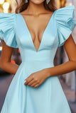Sky Blue Deep V-Neck A Line Short Cocktail Dress with Ruffles