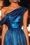 Sparkly Dark Blue Metallic One Shoulder Homecoming Dress with Pleats