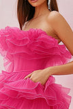 Fuchsia Strapless Tulle Tiered Short Homecoming Dress with Ruffles
