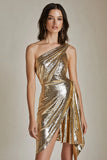 Sparkly Gold One Shoulder Metallic Short Homecoming Dress with Slit