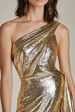 Sparkly Gold One Shoulder Metallic Short Homecoming Dress with Slit