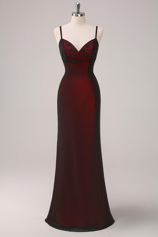 Black Red Sheath Spaghetti Straps Long Formal Dress with Beading