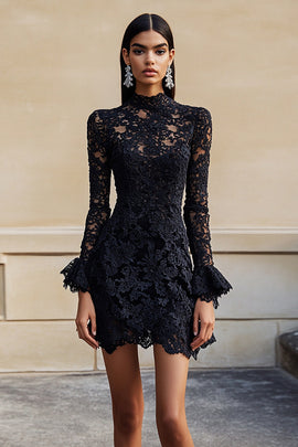 Black Lace High Neck Short Homecoming Dress with Sleeves