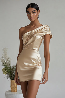 Champagne Satin Tight One Shoulder Short Homecoming Dress