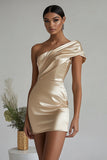 Champagne Satin Tight One Shoulder Short Homecoming Dress