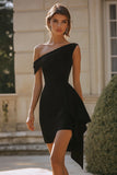 Black One Shoulder Satin Bodycon Short Cocktail Dress