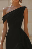 Black One Shoulder Satin Bodycon Short Cocktail Dress