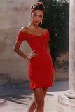 Red Tight Off the Shoulder Short Ruched Homecoming Dress