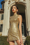 Sparkly Gold High Neck Tight Short Sequins Homecoming Dress