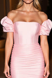 Pink Satin Tight Off the Shoulder Short Homecoming Dress