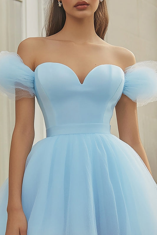 Sky Blue Off the Shoulder Tulle Short Homecoming Dress