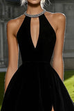 Sparkly Black A Line Satin Keyhole Short Cocktail Dress with Beading