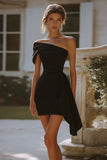 Black Satin Tight One Shoulder Short Cocktail Dress