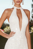 Sparkly Ivory Keyhole Sequins High-Low Cocktail Dress