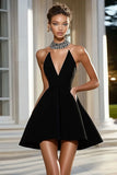 Simple Black Strapless A Line Short Satin Cocktail Dress