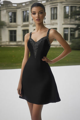 Sparkly Black A Line Short Satin Cocktail Dress with Beading