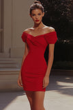 Red Tight Satin Off the Shoulder Short Cocktail Dress