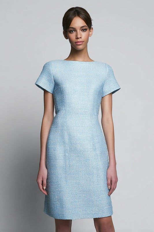 Sky Blue Tweed Bateau Neck Short Homecoming Outfits with Sleeves