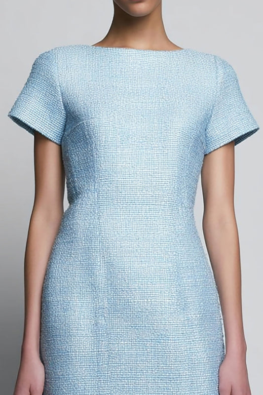 Sky Blue Tweed Bateau Neck Short Homecoming Outfits with Sleeves