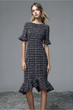 Black Tweed Plaid Midi Ruffled Homecoming Outfits with Short Sleeves