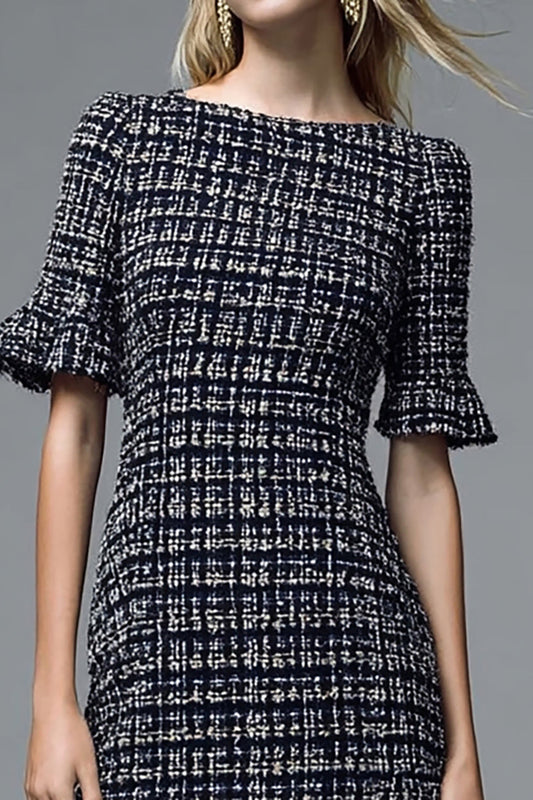Black Tweed Plaid Midi Ruffled Homecoming Outfits with Short Sleeves