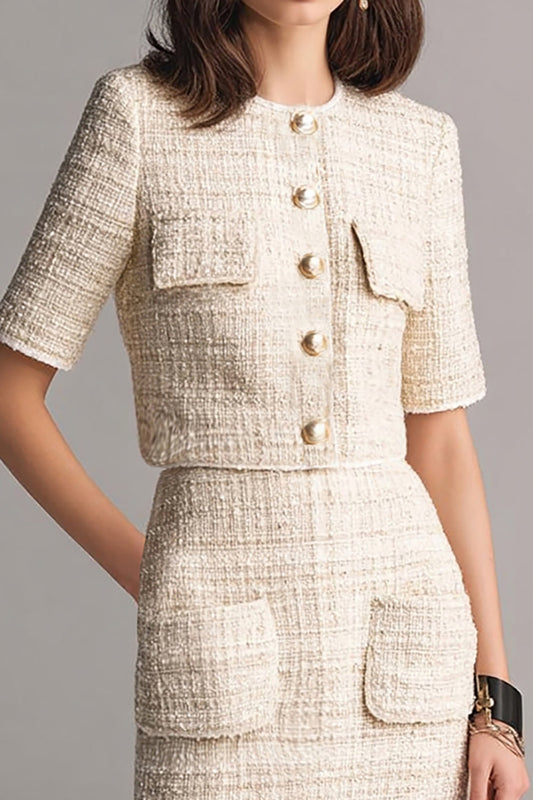 Ivory Tweed 2 Piece Pencil Blazer Short Homecoming Outfits with Pockets