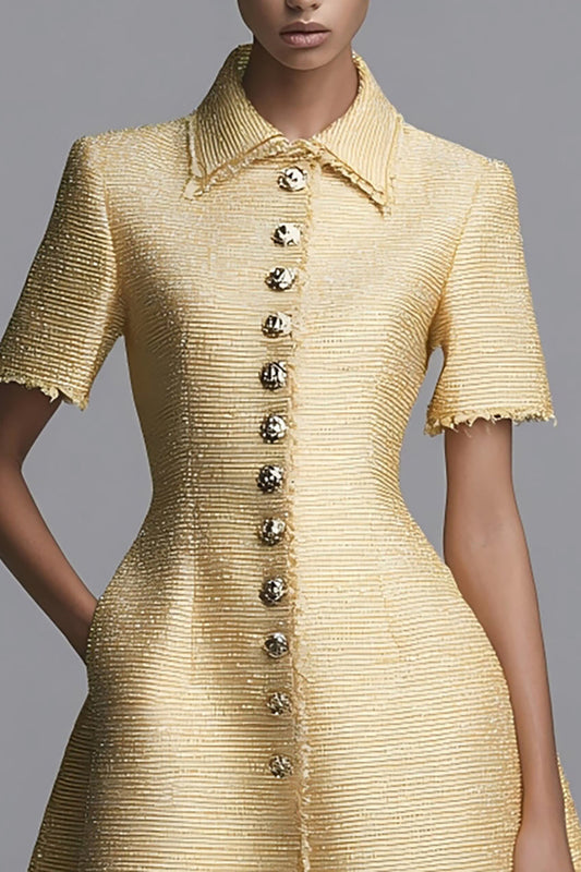 Yellow Tweed A Line Short Sleeves Pockets Homecoming Outfits with Buttons
