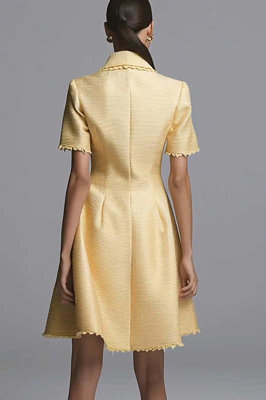 Yellow Tweed A Line Short Sleeves Pockets Homecoming Outfits with Buttons