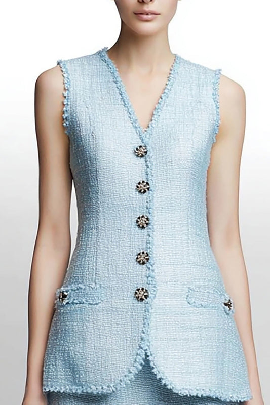 2 Piece Sky Blue Tweed Blazer Tiered Midi Homecoming Outfits with Ruffles