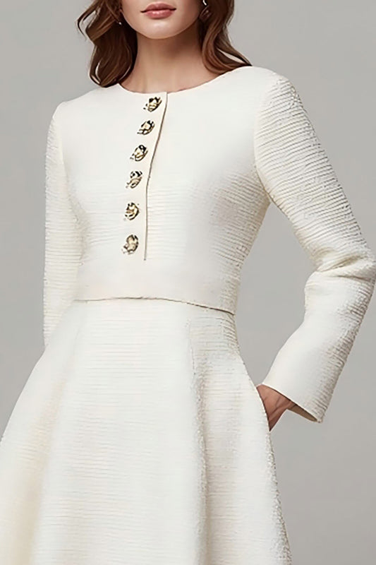 Ivory Tweed A Line Midi Buttons Pageant Interview Outfits with Long Sleeves