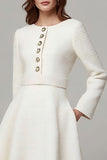 Ivory Tweed A Line Midi Buttons Pageant Interview Outfits with Long Sleeves