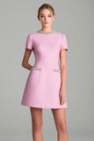 Pink Tweed Tight Short Sleeves Homecoming Outfits with Pearls