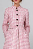 Pink Tweed Pockets Plaid Midi Pageant Interview Outfits with Long Sleeves